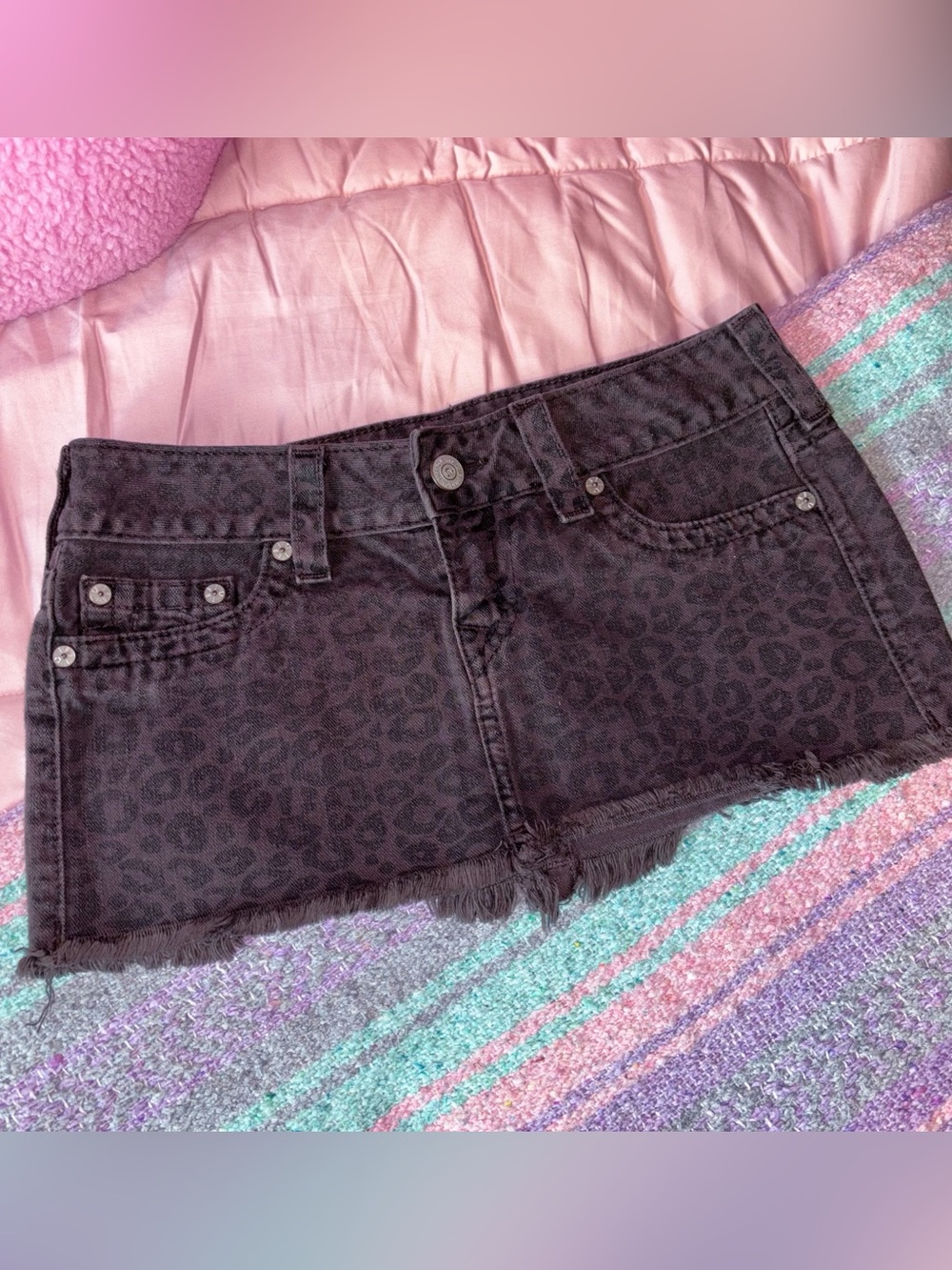 Y2K Made in USA True Religion Mandy Leopard Print Denim Mini Skirt Size 29